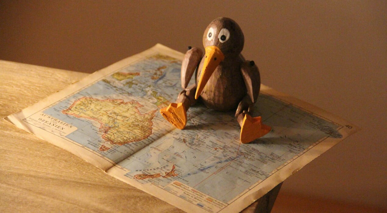 Wooden Kiwi toy sitting on a map of the Asia Pacific region