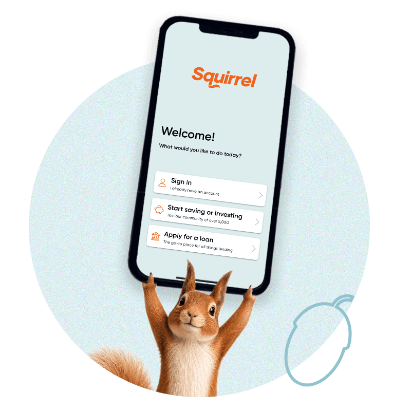 Bernie the Squirrel holding up a mobile phone displaying login page for Squirrel saving and investing account