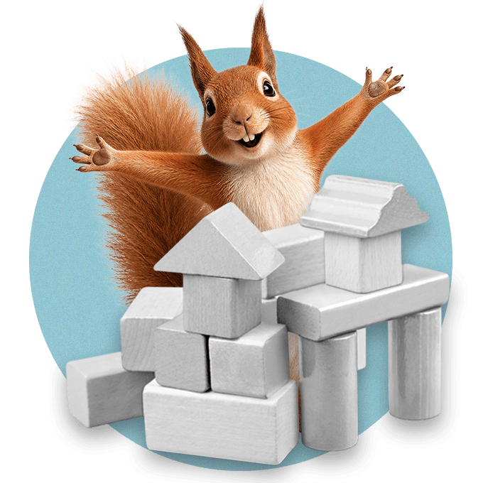 Bernie the Squirrel popping up behind a pile of kids blocks