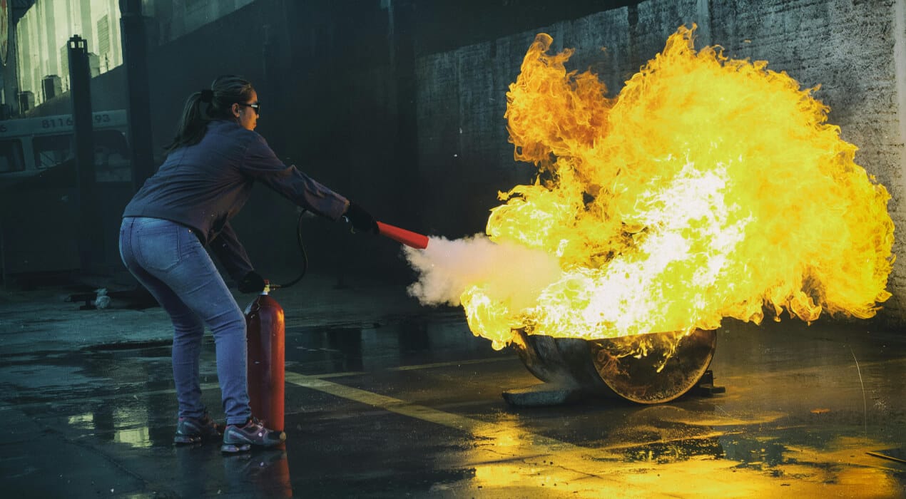 Woman putting out a fire with a fire extinguisher