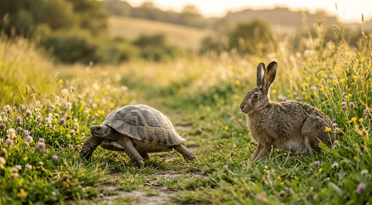 Tortoise and a hare sitting next to each other in a field with hills in the background