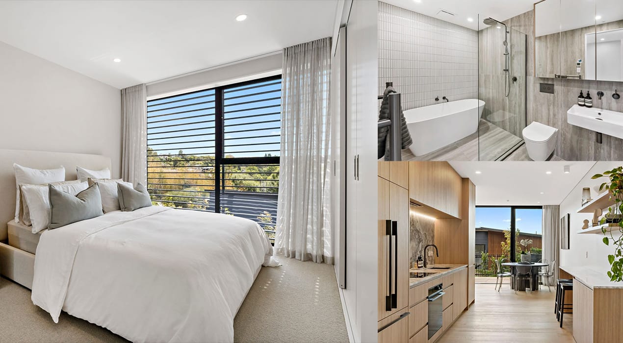 Photo collage of interior at Arahia development in Northcote, Auckland