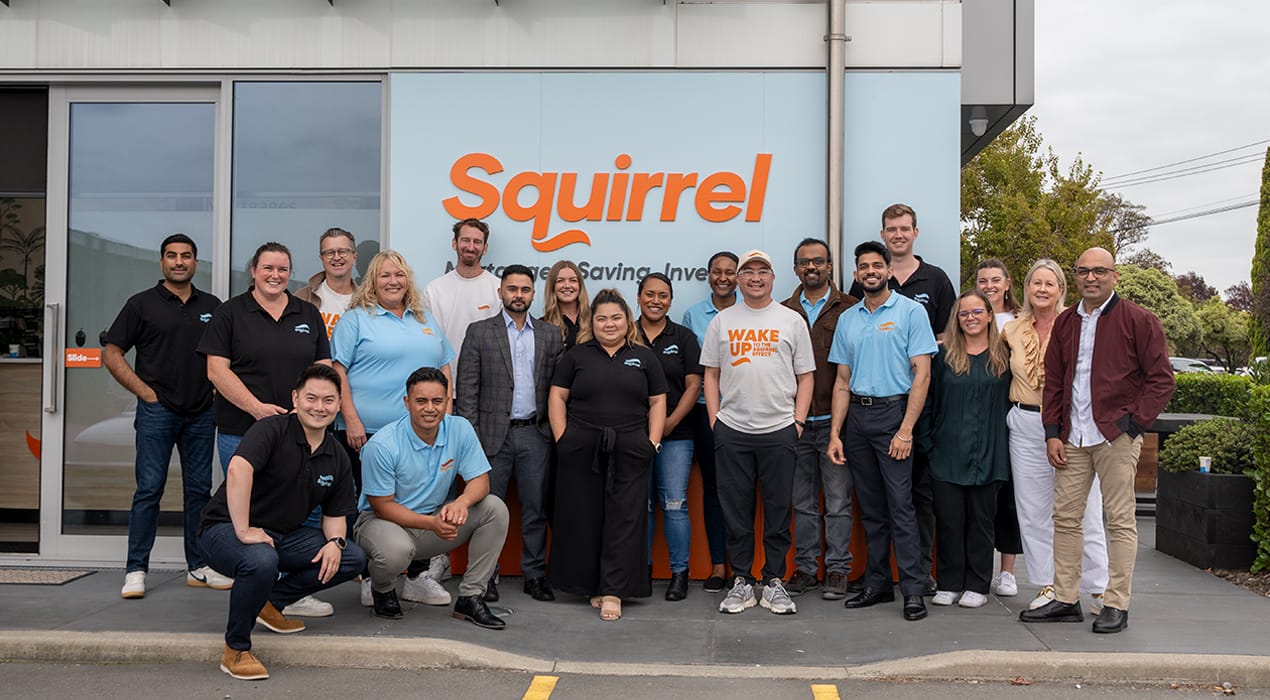 Squirrel team standing outside our new offices in the South Island