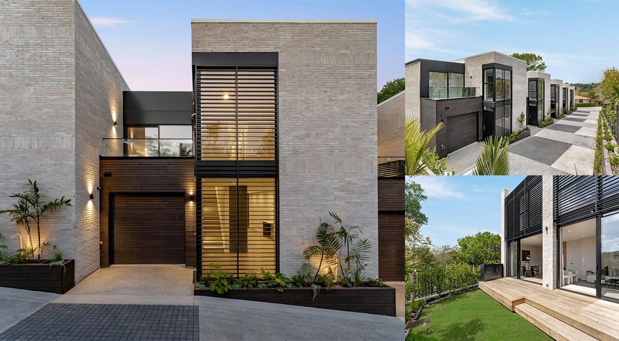 Collage of exterior photos of the Arahia development in Northcote, Auckland