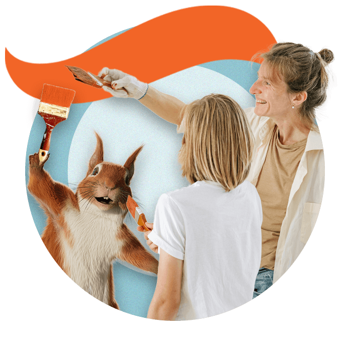 Mother and son holding paint brushes and squirrel holding a paint brush, all painting orange curve