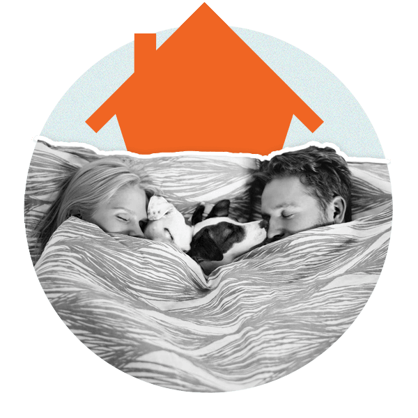 Two people in bed with dog