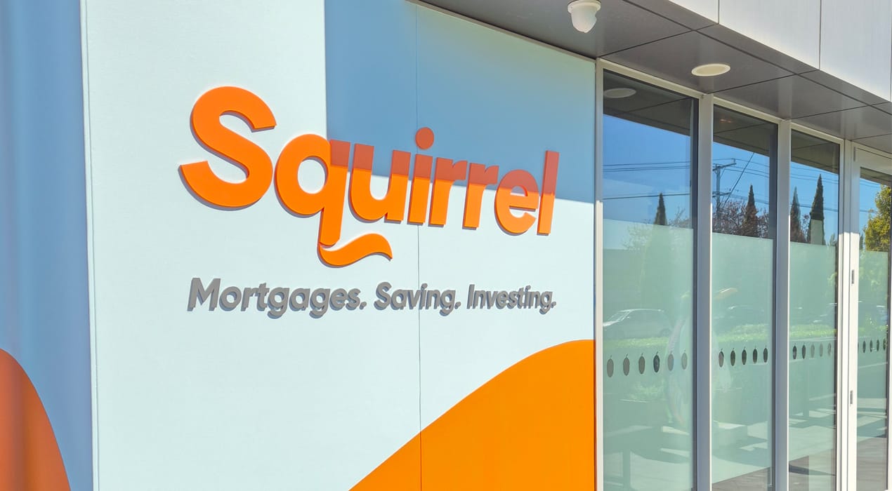 Shot of Squirrel squoosh logo outside Auckland office