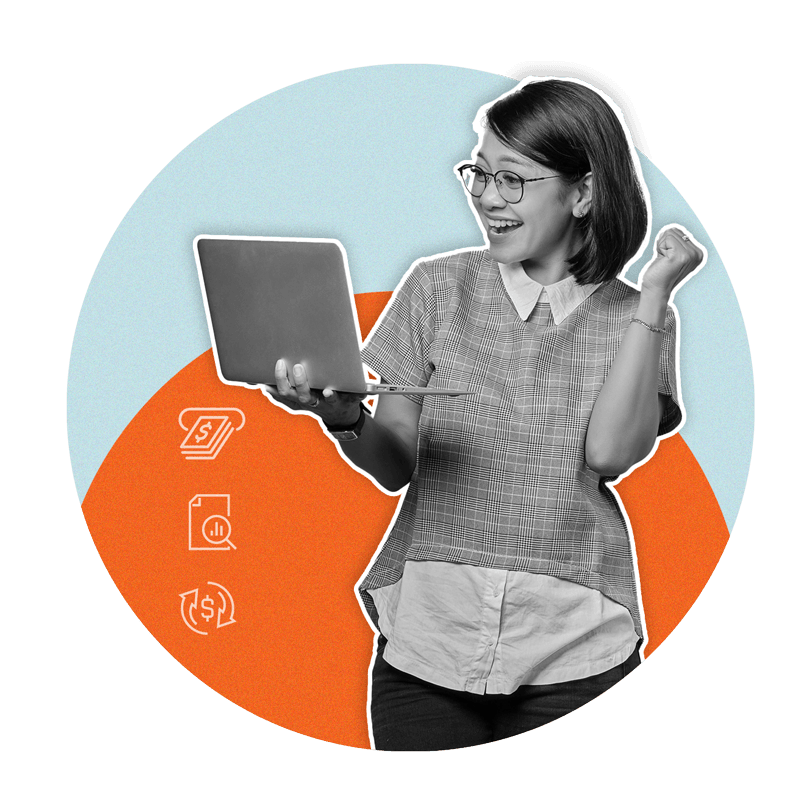 Young woman holding laptop, smiling and fist pumping after successfully refinancing her home loan